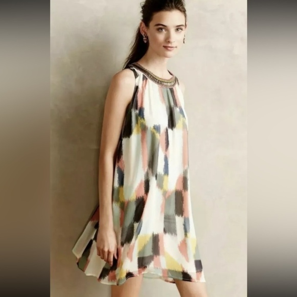 Anthropologie HD in Paris Watercolor‎ Swing Dress Size 2 Abstract jeweled neck